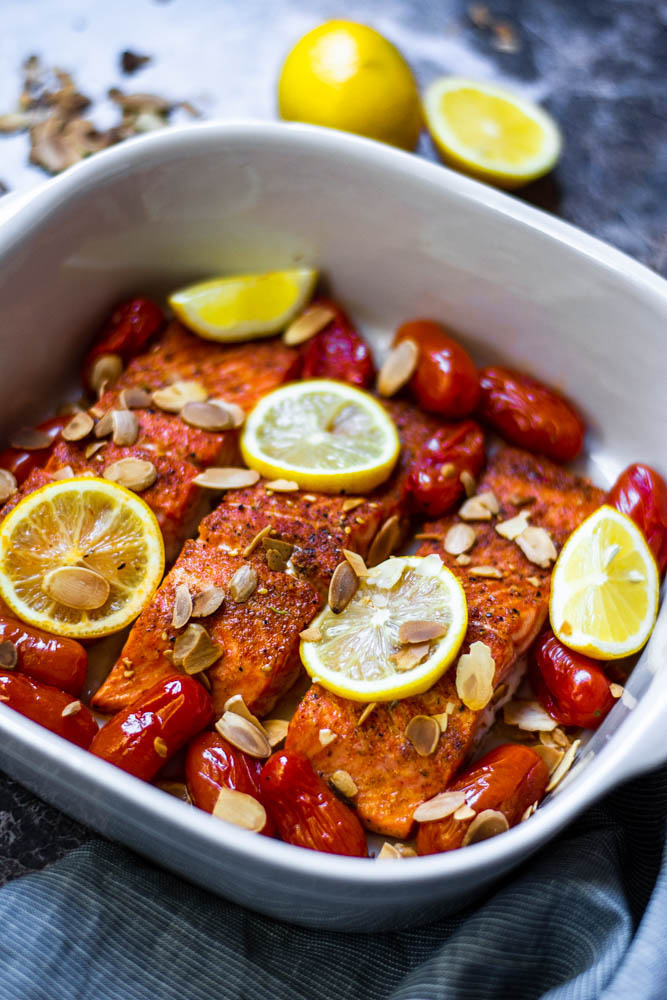 baked salmon with blistered tomatoes